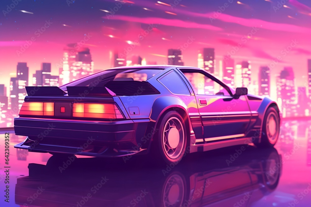 Retro car on the background of the night city Retro car on the background of the night city