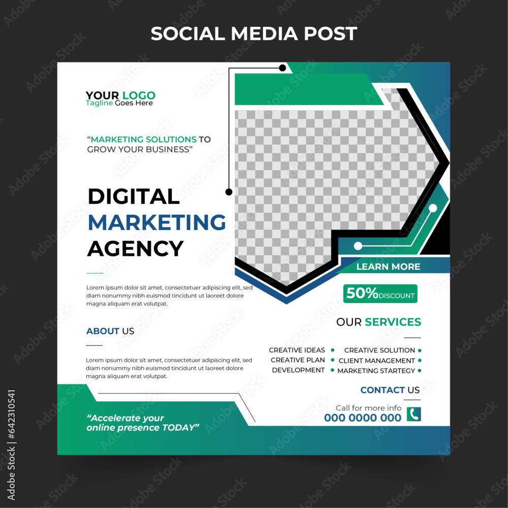 Obraz premium Stylish digital marketing agency social media post or banner design template. Editable squire social media banner template, story and web internet ads