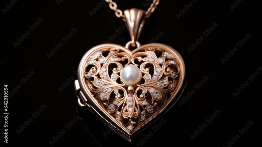 A heart-shaped locket with intricate engravings and a delicate pearl nestled within A heart-shaped locket with intricate engravings and a delicate pearl nestled within