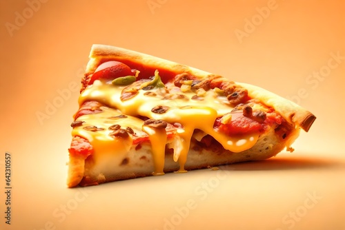 A slice of fried, Italian pizza with gooey cheese on an orange background