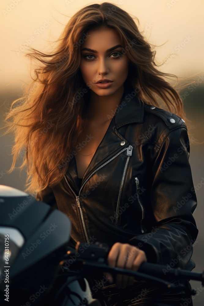 Obraz premium young girl on a motorcycle in a leather suit on the highway at sunset