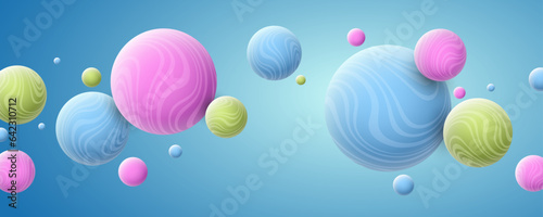 Stylish dynamic 3d bubbles with colorful wavy striped pattern. Flying spheres on blue background for your cover. Vector illustration.