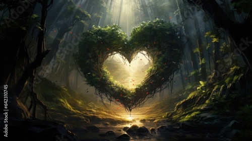 A heart-shaped patch of sunlight streaming through the leaves of a dense forest