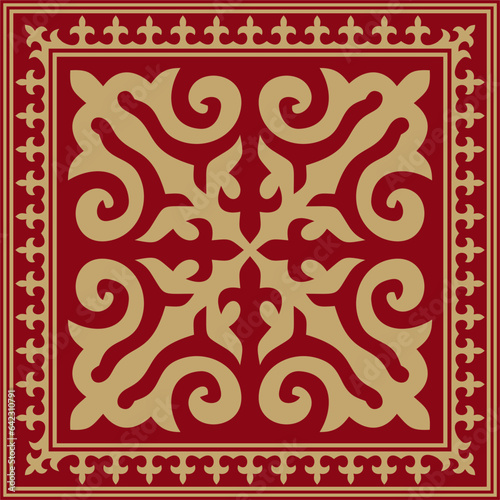 Vector red with gold Square Kazakh national ornament. Ethnic pattern of the peoples of the Great Steppe, .Mongols, Kyrgyz, Kalmyks, Buryats.