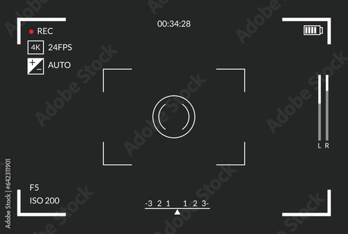 Viewfinder video recording. Camera focusing screen. Black screen camera with video shooting parameters, video quality indicators. Digital zoom recording for modern bloggers, vector illustration