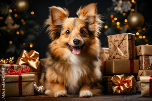 Beautifull small dog lying under the Christmas tree with many presents. © AVC Photo Studio