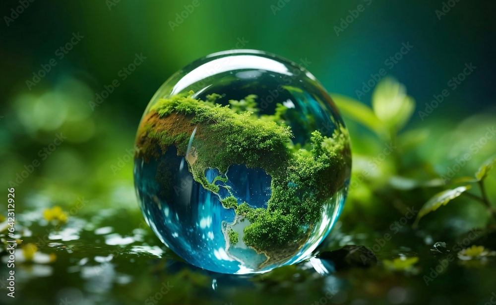 A nature in water drop with green ecology background.