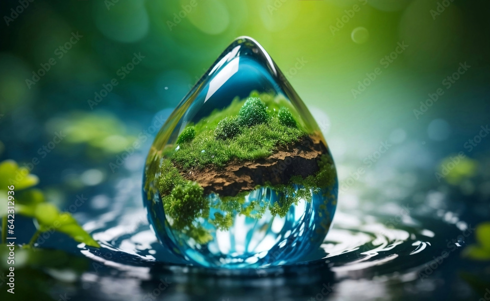 A nature in water drop with green ecology background.