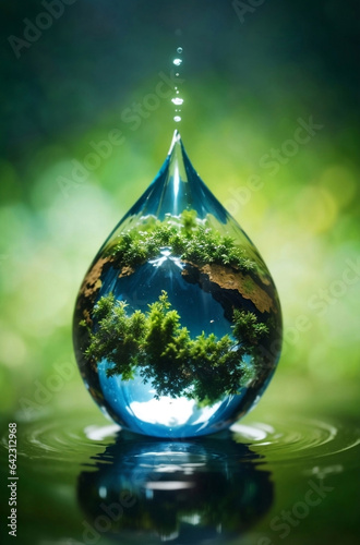 A nature in water drop with green ecology background. #642312968