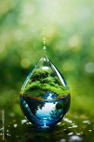 A nature in water drop with green ecology background. #642312969
