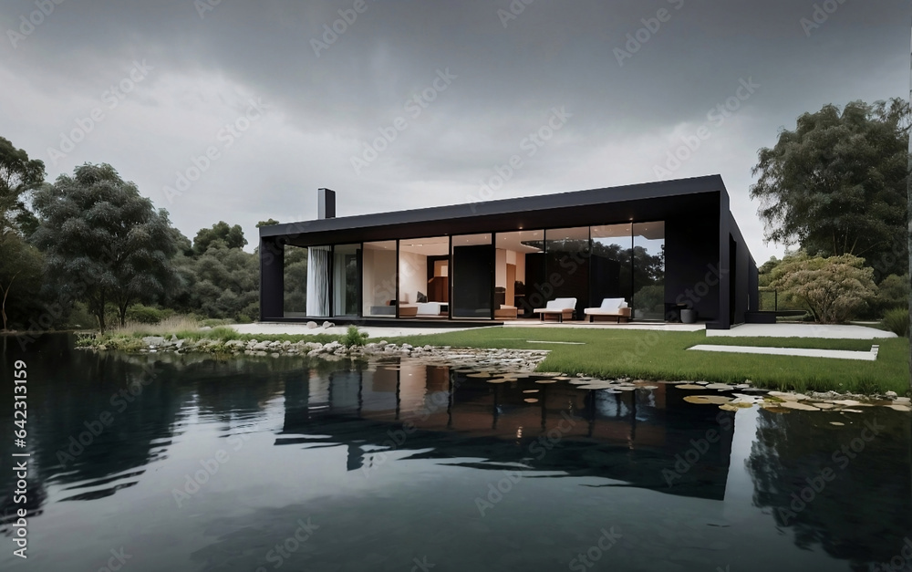 A dark color modern house with natural elements.