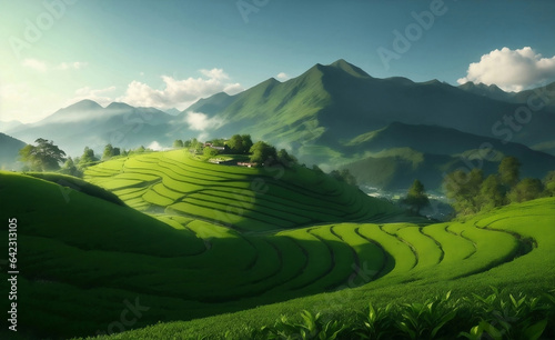 A beautiful green tea field on mountain with blue sky background.