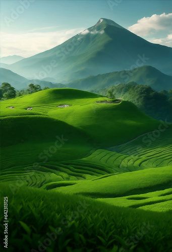 A beautiful green tea field on mountain with blue sky background.