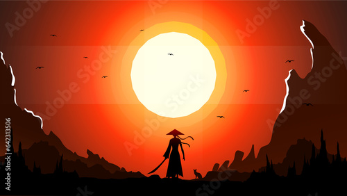 samurai background. Japanese samurai background. sunset fantasy background. Japanese cyberpunk samurai. landscape fantasy wallpaper. samurai girl illustration.