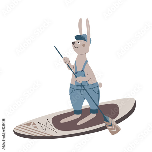 Funny cartoon rabbit in jeans overalls on a sup board isolated on a white background. Vector illustration with cute animal.