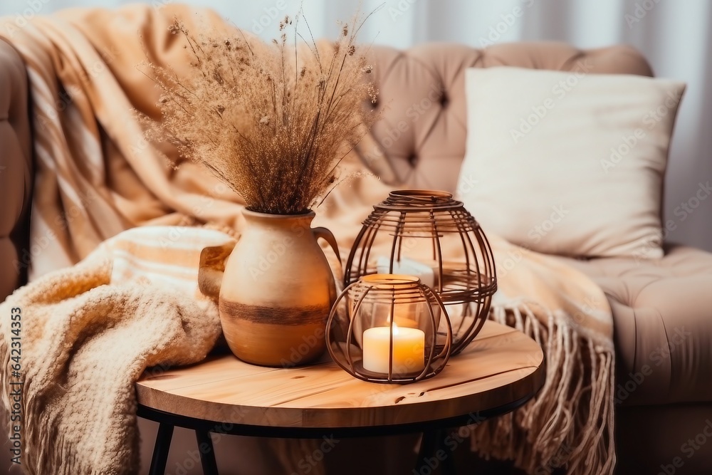 Cozycore or cottagecore concept, warm soft brown beige interior design objects. Cozy wool plaid on sofa, candle burning in wood lantern, tea cup on wood table. generative ai. - obrazy, fototapety, plakaty 