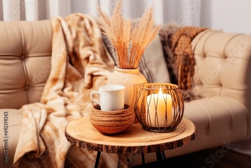 Cozycore or cottagecore concept, warm soft brown beige interior design objects. Cozy wool plaid on sofa, candle burning in wood lantern, tea cup on wood table. generative ai.