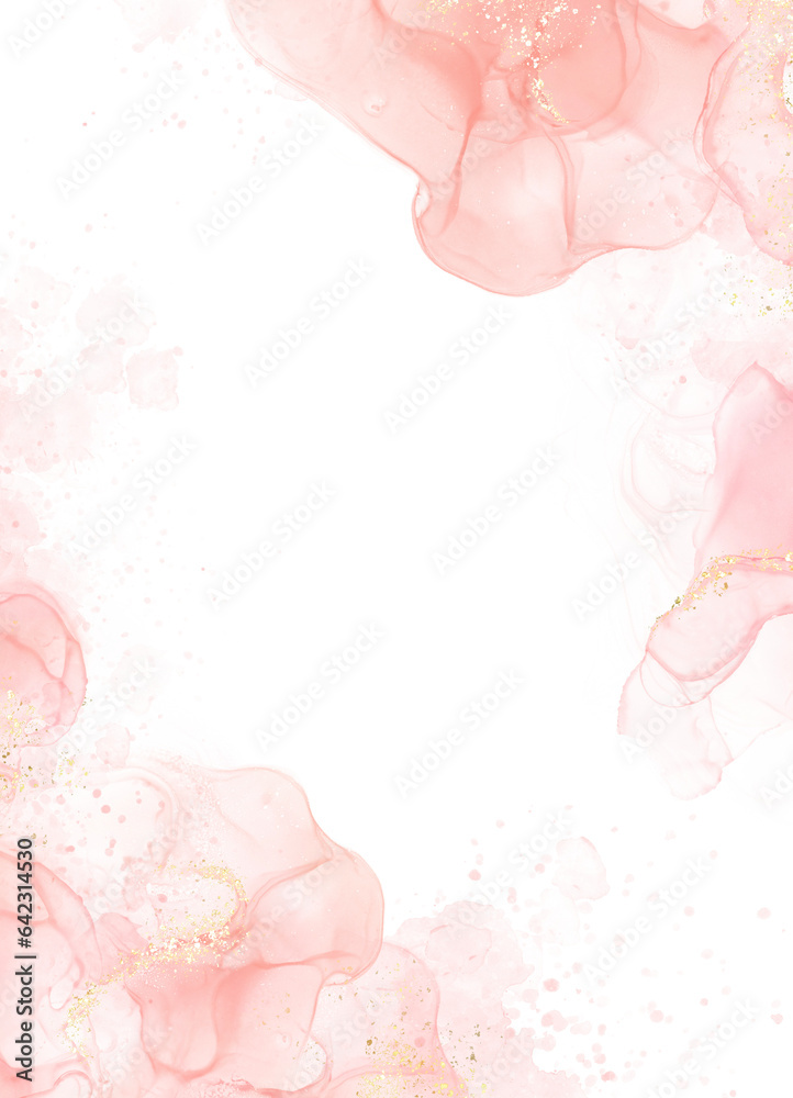 Abstract watercolor or alcohol ink art pink white background with golden crackers. Pastel pink marble drawing effect. llustration design template for wedding invitation,decoration, banner, background.