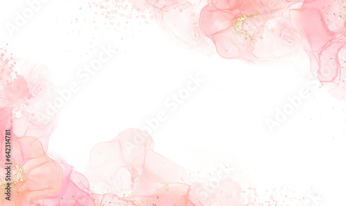 Abstract watercolor or alcohol ink art pink white background with golden crackers. Pastel pink marble drawing effect. llustration design template for wedding invitation,decoration, banner, background.