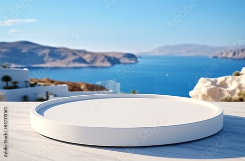 An illustration of a white marble podium against a backdrop of a serene sea view. Created with generative AI technology