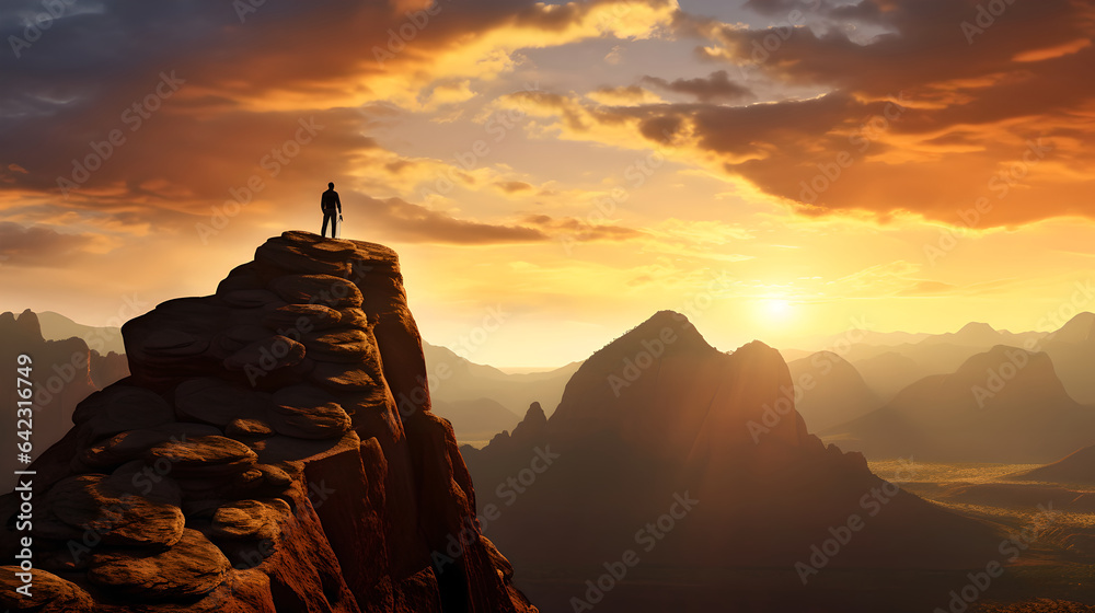 Man on a mountain top against the colorful sky in summer, hiker on a mountain facing beautiful sunset silhouette against cloudy sky. Travel, Climbing, Sport and active life concept