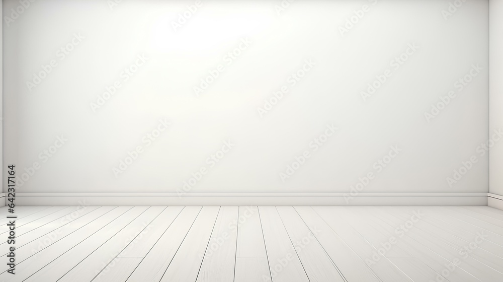 Empty light interior background. White textured empty wall and wooden floor with beautiful lighting. generative AI Empty light interior background. White textured empty wall and wooden floor with beautiful lighting. generative AI
