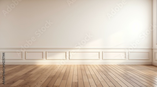 Empty light interior background. White textured empty wall and wooden floor with beautiful lighting. generative AI