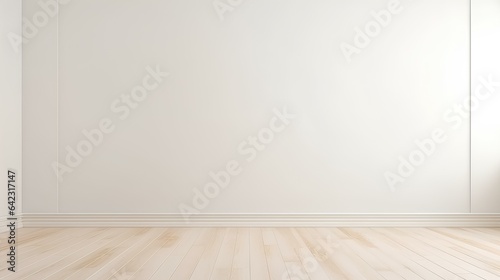 Empty light interior background. White textured empty wall and wooden floor with beautiful lighting. generative AI
