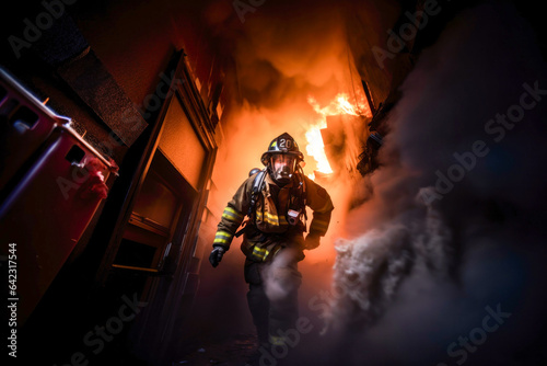Photo of a firefighter walking through a dark alley © nordroden