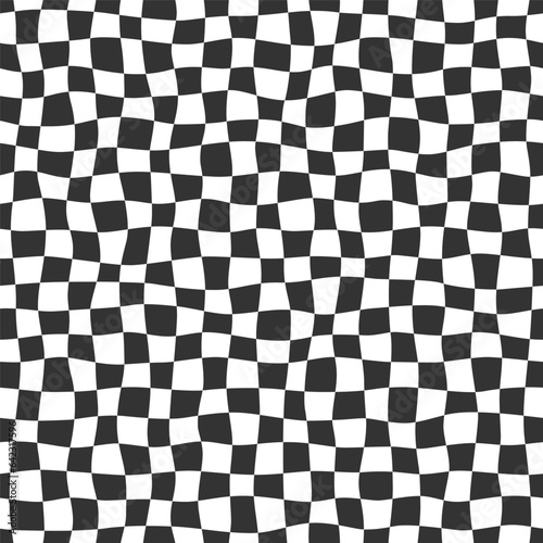Groovy psychedelic wavy chessboard seamless pattern. Hippie twisted gingham checkerboard background. Checker retro psychedelic seamless texture. Vector illustration isolated on white background.