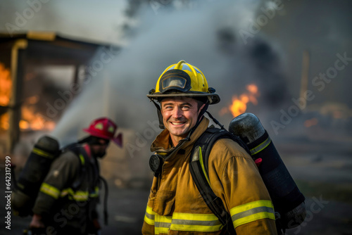 Photo of a smiling firefighter in front of a blazing fire