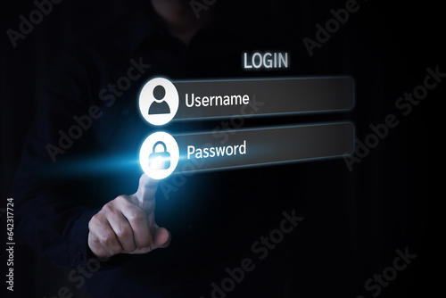 Businessman hand touch screen login username and password identity or sign up register concepts of cyber security, internet access, join social or personal data protection or forget pass key unlock.