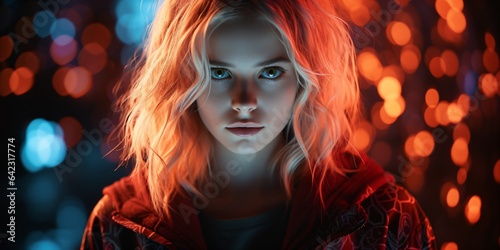 teenage girl with blond hair and psychedelic lights in front of a colored bokeh background
