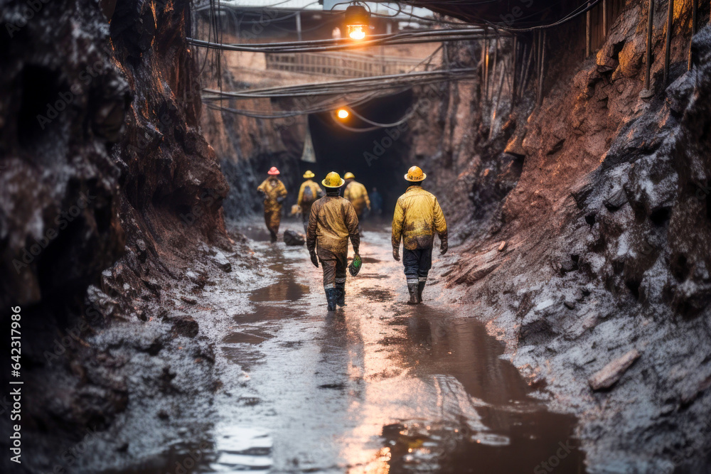 A group of workers walking through a tunnel in a mining quarry A group of workers walking through a tunnel in a mining quarry