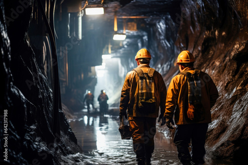 group mining workers walks through tunnel coal mine
