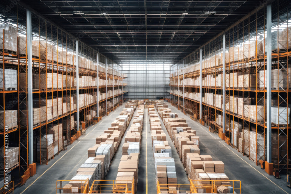 Photo of a spacious warehouse filled with neatly stacked boxes