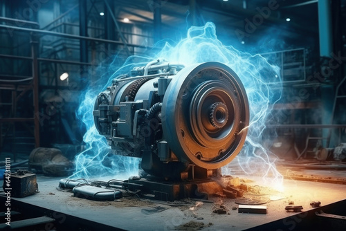 working electric motor, factory, dirty dusty motor, the motor is very hot there is smoke