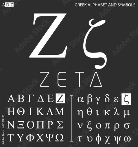Greek alphabet and symbols, zeta letter with pronunciation.