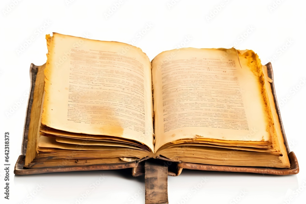 Aged and Weathered Opened Old Book Isolated on White, perfect for projects that evoke a sense of history. Aged and Weathered Opened Old Book Isolated on White, perfect for projects that evoke a sense of history.