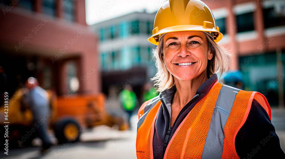 woman working at a construction site in a construction helmet and a work vest
woman working at a construction site in a construction helmet and a work vest