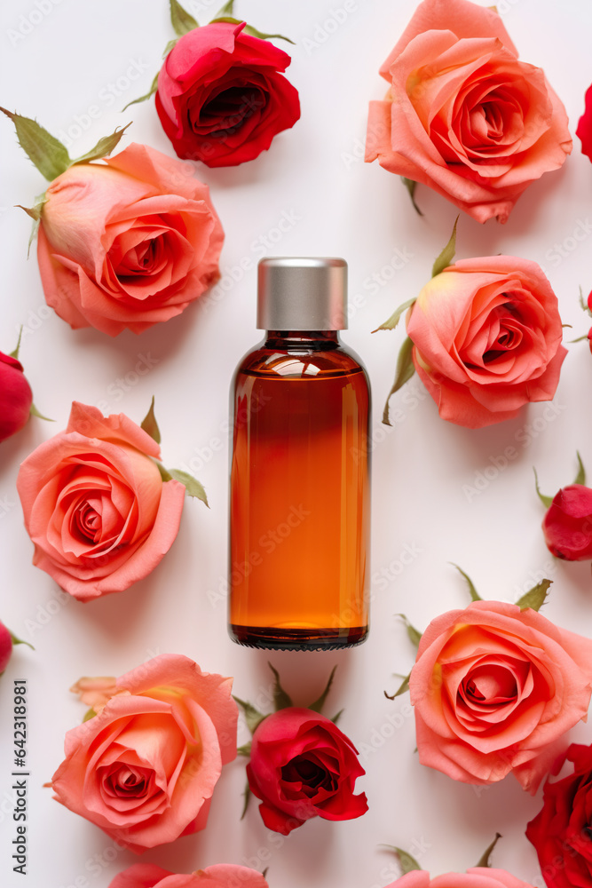 Bottle of rose essential oil and flowers on white background, top view Bottle of rose essential oil and flowers on white background, top view
