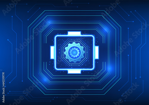 Gear technology The gear is in the middle with the accompanying elements. It means that technology is the engine that drives human progress and improves life. and the economy improves