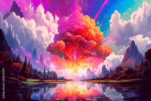A purple cloud with rainbows in the sky. Generative AI