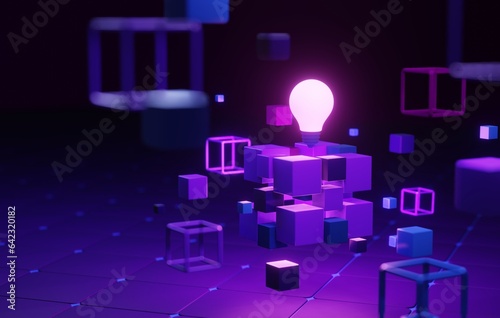 Fotografie Interconnected digital blocks in cubic form with light bulb.