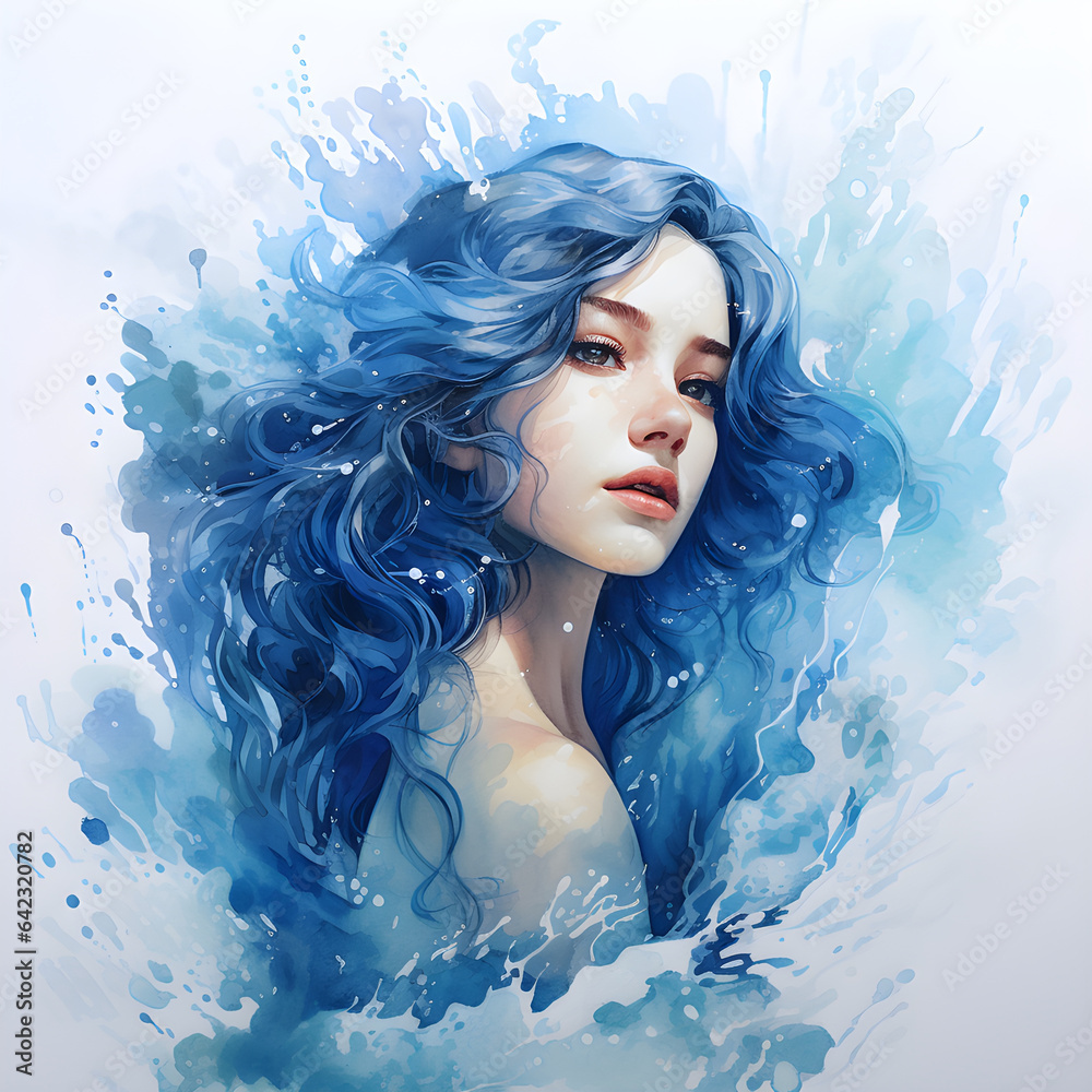 portrait of a woman with splashes, blue hair, beauty, girl with waterhair - AI Generative