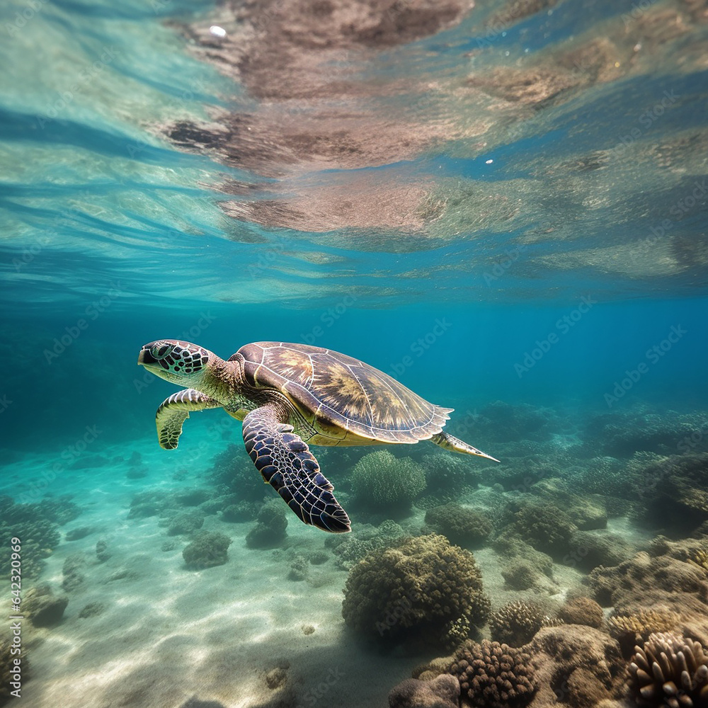 Fototapeta premium Sea turtle glides in blue ocean. Turtle swim underwater.