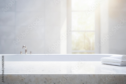 A marble sky counter table and a modern house bathroom. Beautiful light background inserted through the window. Minimalist concept of mockup and advertising.