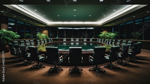 Interior of modern office meeting room with panoramic city view