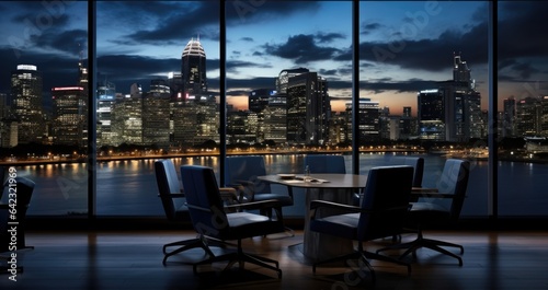 Office Chairs and Modern City Skyscrapers at Night. Office with panoramic view window.