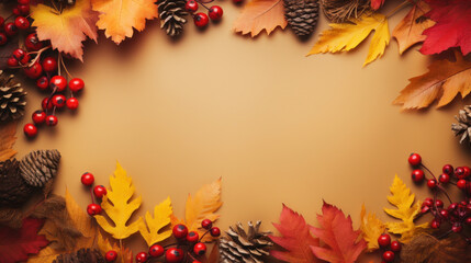 Frame of colorful red and yellow autumn leaves with cones and rowan berries on trendy beige background. First day of school, back to school, fall concept